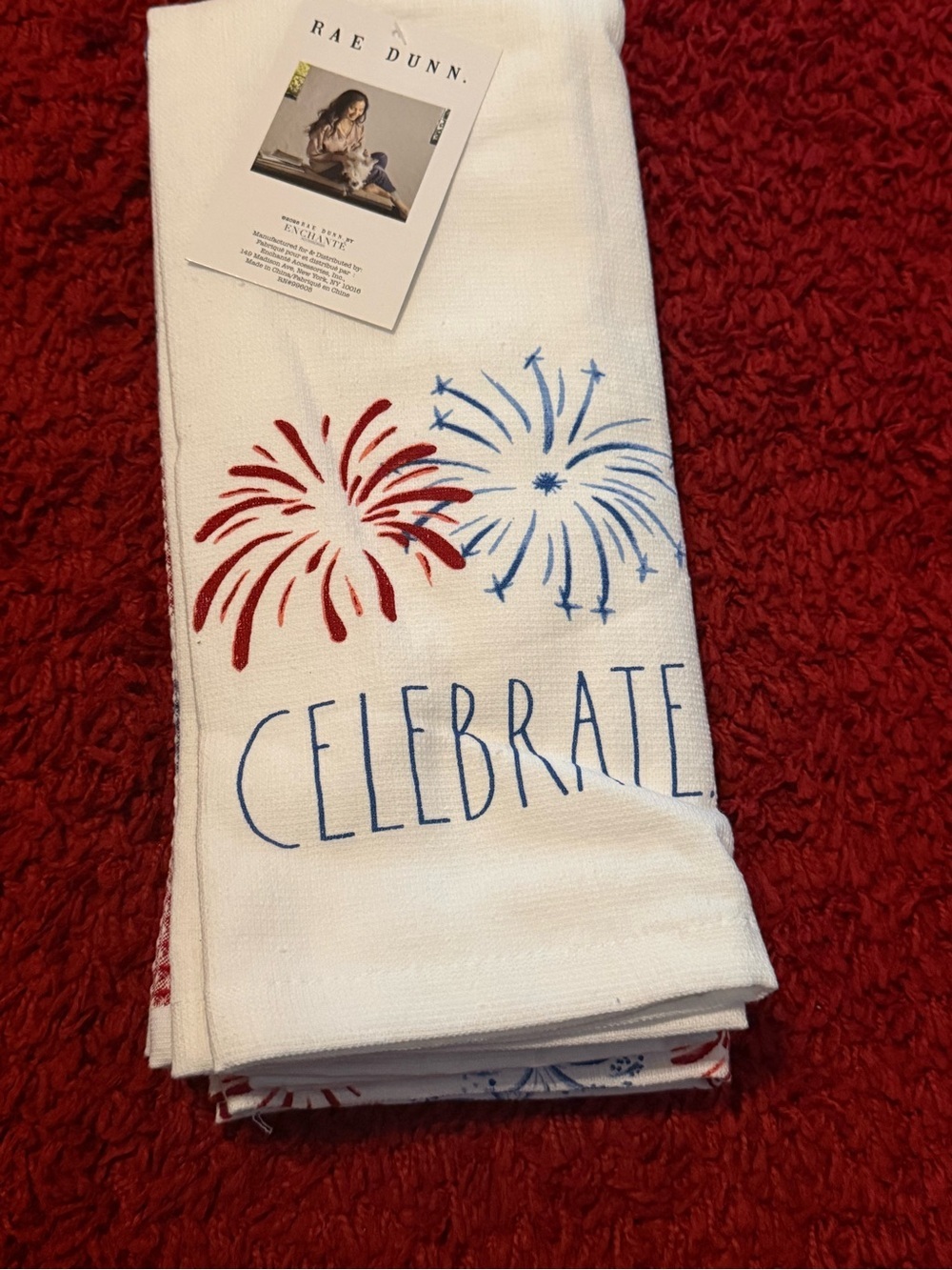 Rae Dunn Kitchen Towels - set of 3- CELEBRATE w/ Red & Blue Firework Print NWT